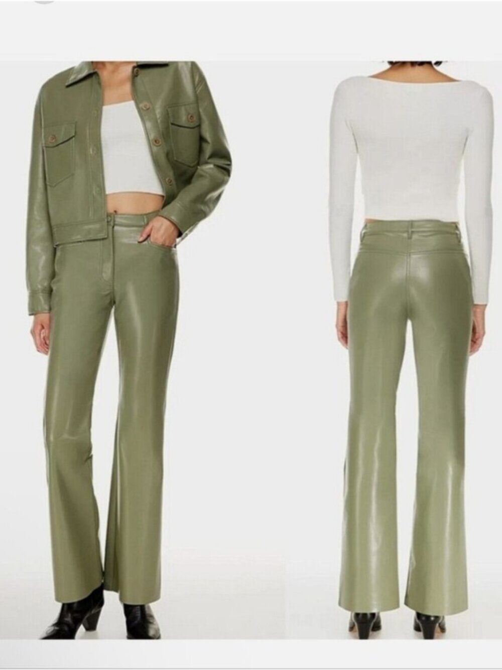 NWOT Aritzia Wilfred Beatrix High Waisted Flare Vegan Leather Pants Sage Green